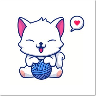Cute Cat Playing Wool Ball Cartoon Posters and Art